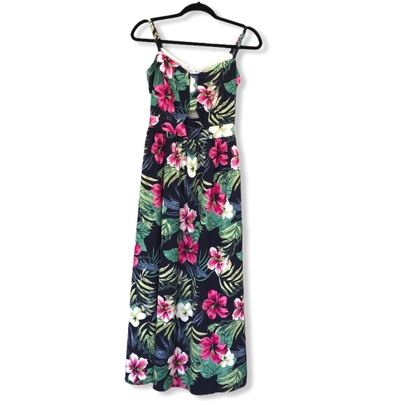 KLING Tropical Print Maxi Dress with Cut Out Detail in Navy Pink and Green - Picture 4 of 11